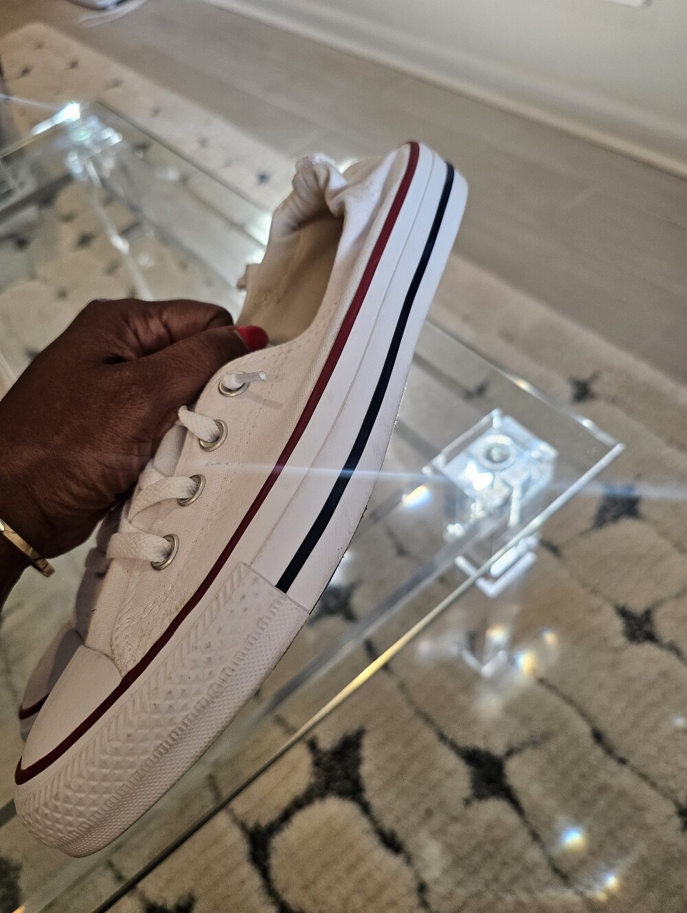 Converse Low Top Canvas Sneakers in White with Red and Black Accents - Slip On - Picture 7 of 9